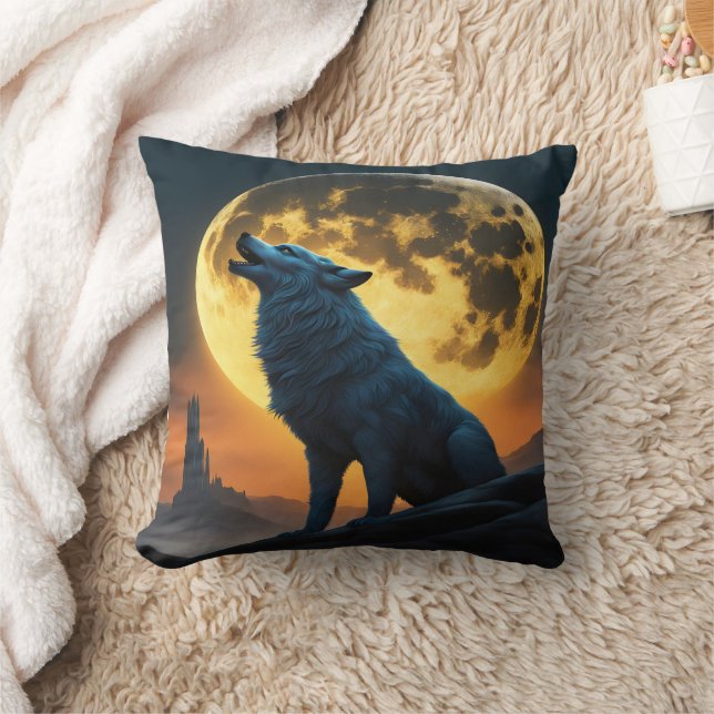 Night Howl Under a Full Moon in Fantasy Landscape Cushion (Blanket)