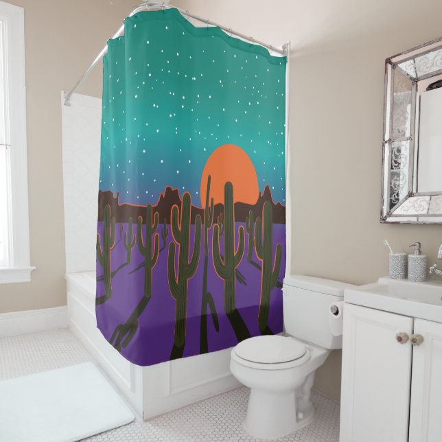Night in Arizona Desert Saguaro Cactus Shower Curtain (In Situ)