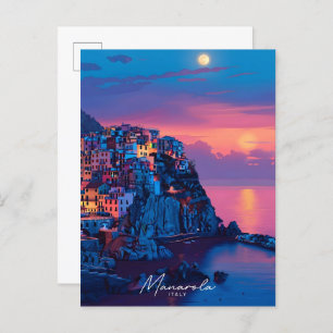 Night in Manarola Italy Vintage Travel Postcard