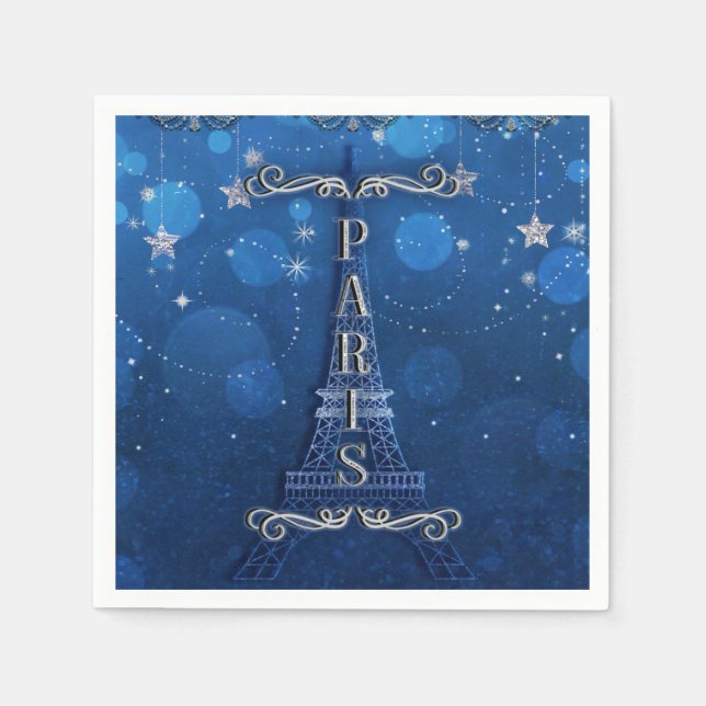 Night In Paris Under the Stars Blue Silver Party Napkin (Front)