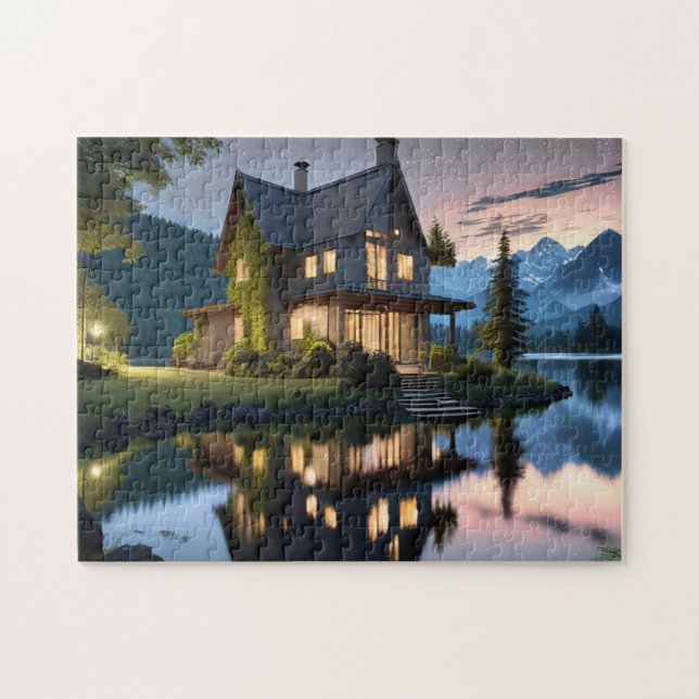 Night Lake House Bold and Beautiful Jigsaw Puzzle  (Horizontal)