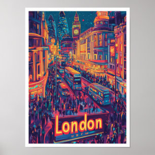 Night London England Vintage Travel Illustration Poster