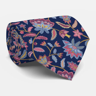 Night moody indian floral on dark blue tie