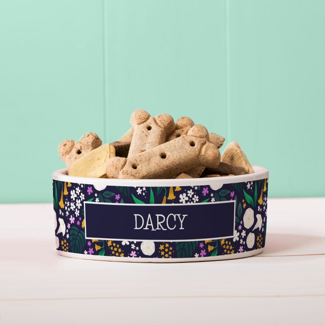 Night Moon Garden Floral Botanical Pattern (Moon Garden Dog Bowl with Nameplate)