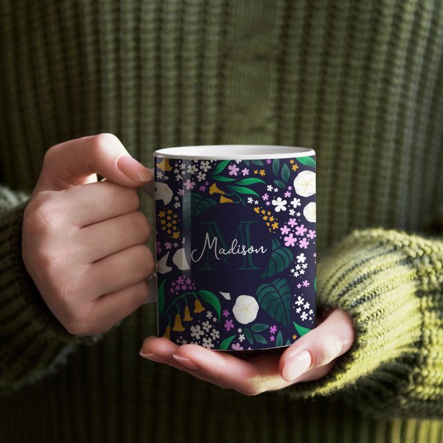 Night Moon Garden Floral Botanical Pattern Coffee Mug (Moon Garden Monogram Mug)