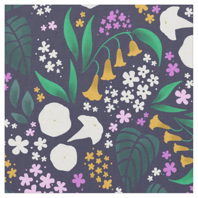 Night Moon Garden Floral Botanical Pattern Fabric (Close Up)