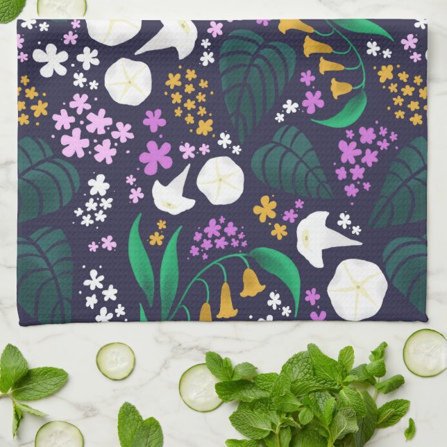 Night Moon Garden Floral Botanical Pattern Tea Towel (Folded)