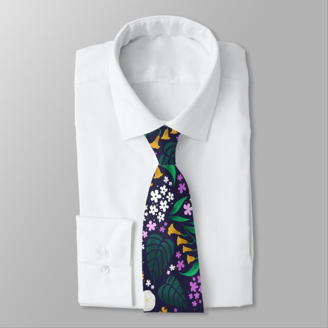 Night Moon Garden Floral Botanical Pattern Tie (Tied)