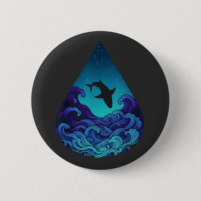 Night Ocean Shark Silhouette Teardrop Starry Sea 6 Cm Round Badge (Front)