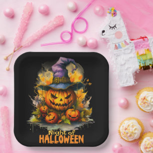Night Of Halloween Creepy Pumpkin Paper Plate