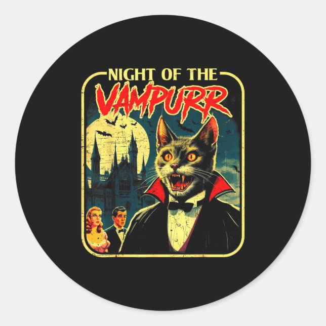Night Of The Vampurr Funny Cat Halloween  Classic Round Sticker (Front)