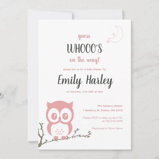 Night Owl Baby Girl Pink Shower Invitation (Front)