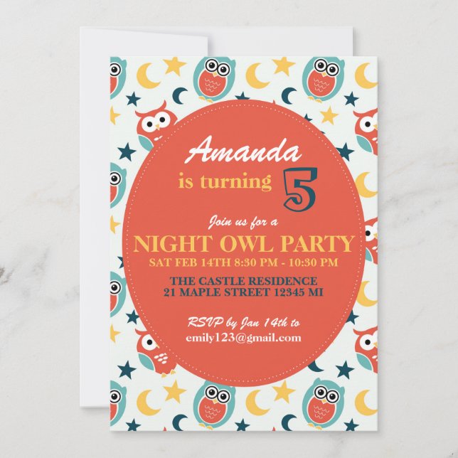 Night Owl Birthday Party Invitation for Kids (Front)