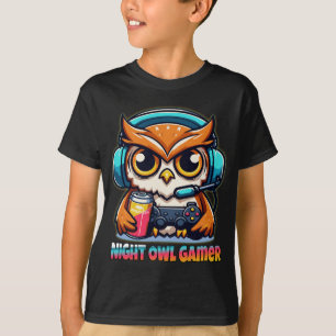 Night Owl Gamer Mascot Fun Gaming Illustration T-Shirt