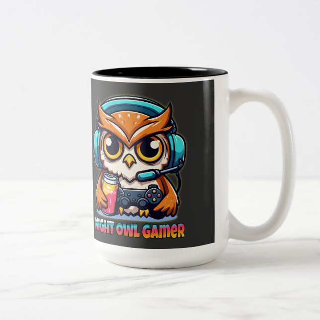Night Owl Gamer Mascot Fun Gaming Illustration Two-Tone Coffee Mug (Right)