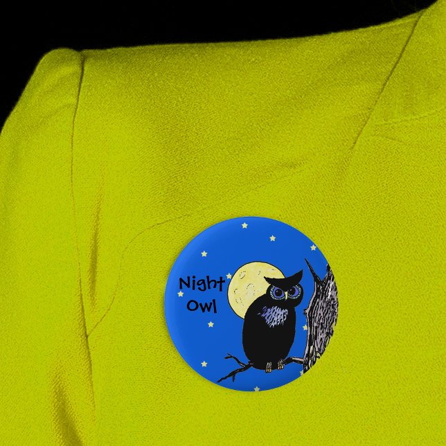 Night Owl in the Moon Button (Black Night owl on tree branch yellow moon and stars on blue night sky round pin back button.)
