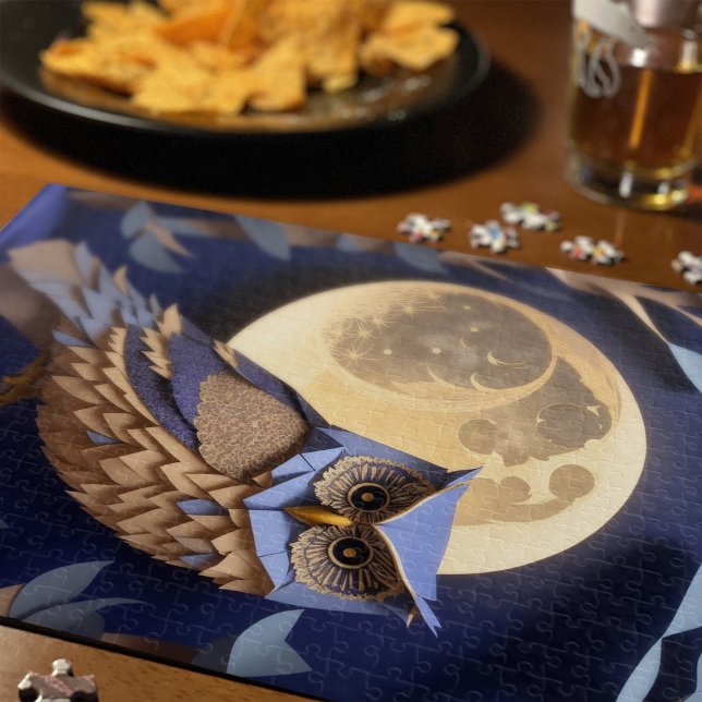 Night Owl In Tree, Woodland Moon Paper Craft Blue Jigsaw Puzzle (Night owl puzzle with full moon: A paper craft enchanted forest scene on a magical woodland evening.)