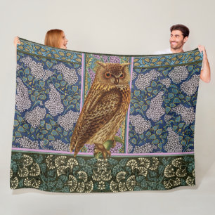 NIGHT OWL,LILACS AND LEAVES Art Nouveau Floral Fleece Blanket