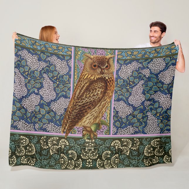NIGHT OWL,LILACS AND LEAVES Art Nouveau Floral   Fleece Blanket (In Situ)