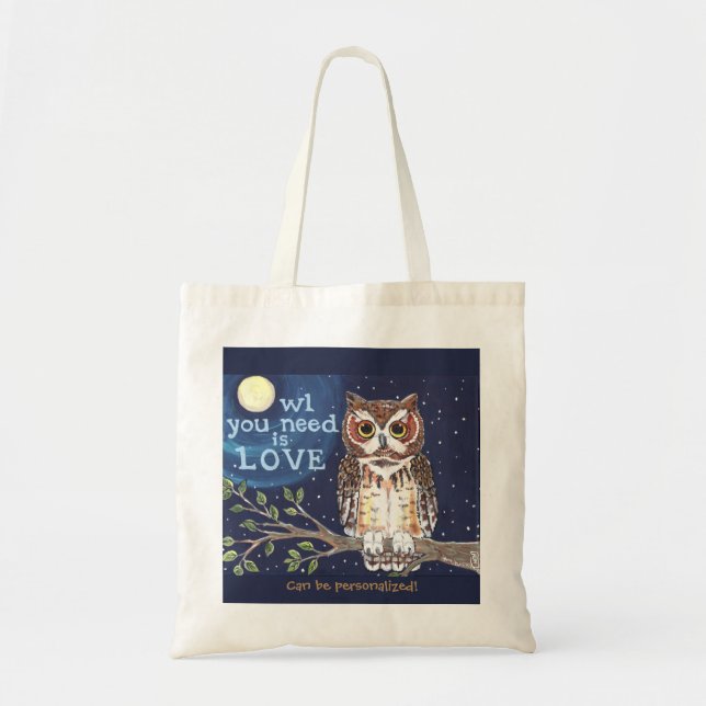 Night "Owl Love" Humourous Owl Tote Bag Personalis (Front)