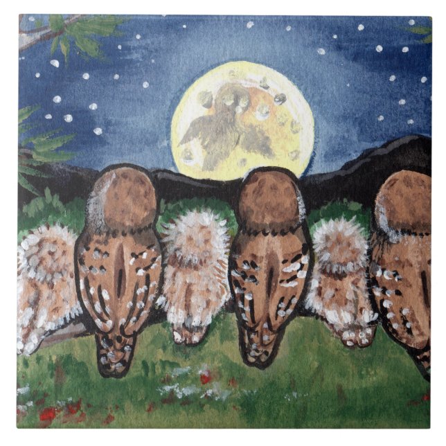 Night Owls Watching the Moon Starry 6" Tile Trivet (Front)