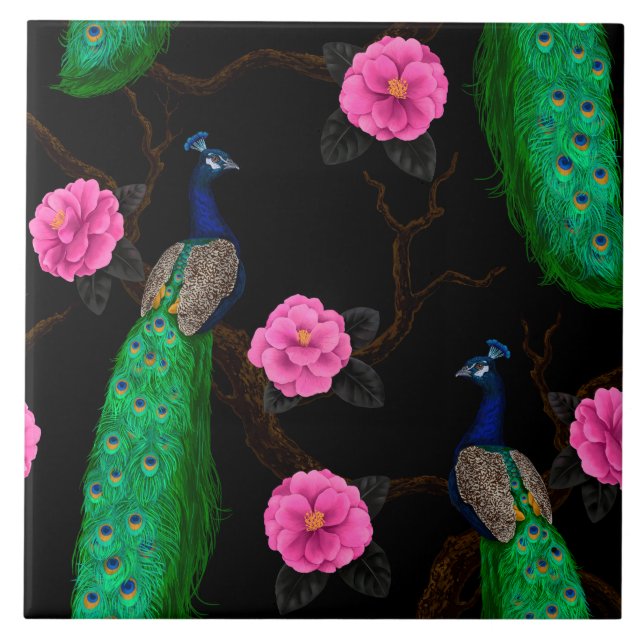 Night peacock garden ceramic tile (Front)