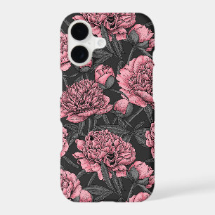 Night peony garden in pink and grey
