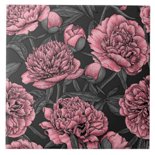 Night peony garden in pink and grey ceramic tile