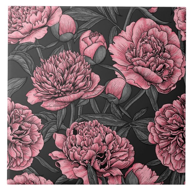 Night peony garden in pink and grey ceramic tile (Front)