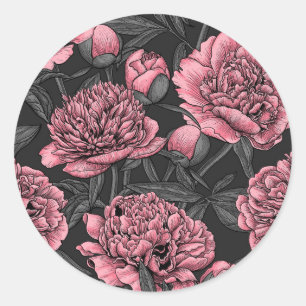 Night peony garden in pink and grey classic round sticker