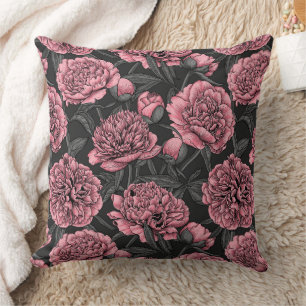 Night peony garden in pink and grey cushion