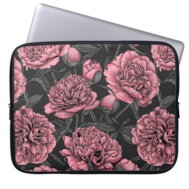 Night peony garden in pink and grey laptop sleeve (Front)