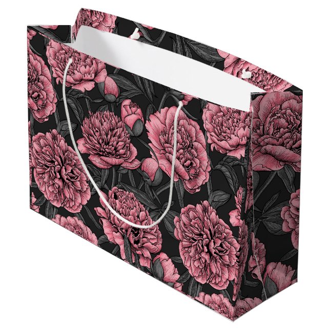 Night peony garden in pink and grey large gift bag (Back Angled)