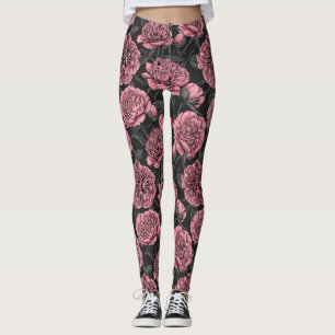 Night peony garden in pink and grey leggings