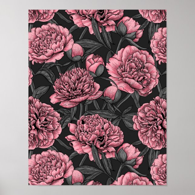 Night peony garden in pink and grey poster (Front)