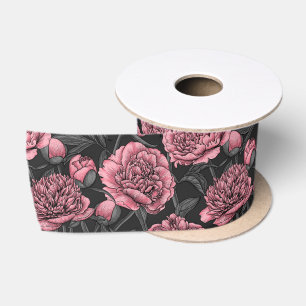 Night peony garden in pink and grey satin ribbon