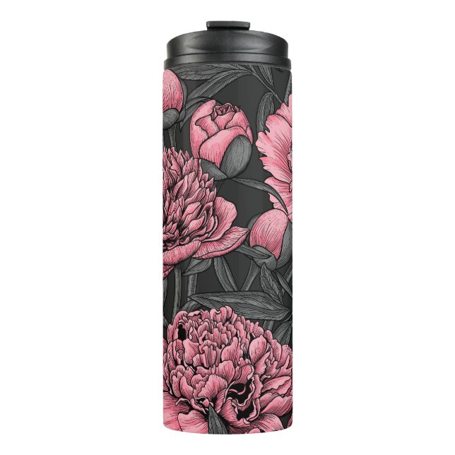 Night peony garden in pink and grey thermal tumbler (Front)