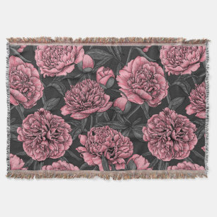 Night peony garden in pink and grey throw blanket