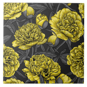 Night peony garden in yellow and grey ceramic tile