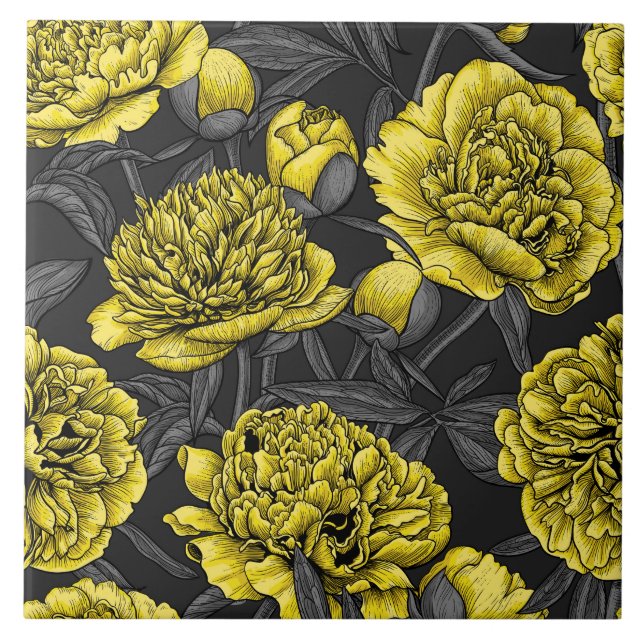 Night peony garden in yellow and grey ceramic tile (Front)