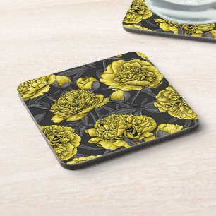 Night peony garden in yellow and grey coaster