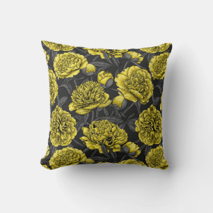 Night peony garden in yellow and grey cushion
