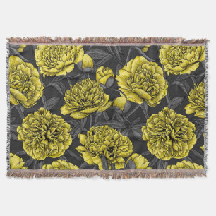 Night peony garden in yellow and grey throw blanket