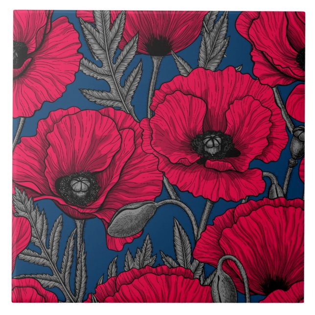 Night poppy garden ceramic tile (Front)