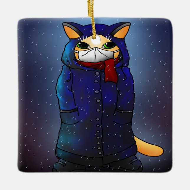 Night Rain Face Mask Cat Ceramic Ornament (Front)