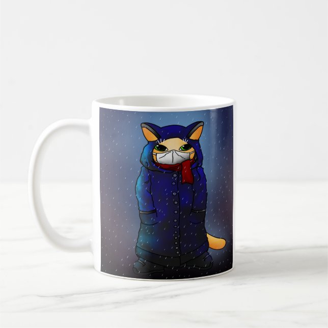 Night Rain Face Mask Cat Coffee Mug (Left)