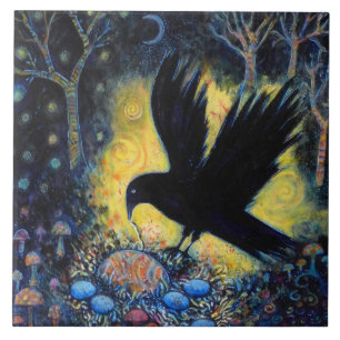 Night Raven with Nest and Eggs Ceramic Tile
