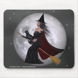 Night Ride :: Witch & Her Cat Riding in the Night Mouse Pad