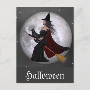 Night Ride :: Witch & Her Cat Riding in the Night Postcard