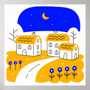 Night Scene of a Small Village Landscape Poster